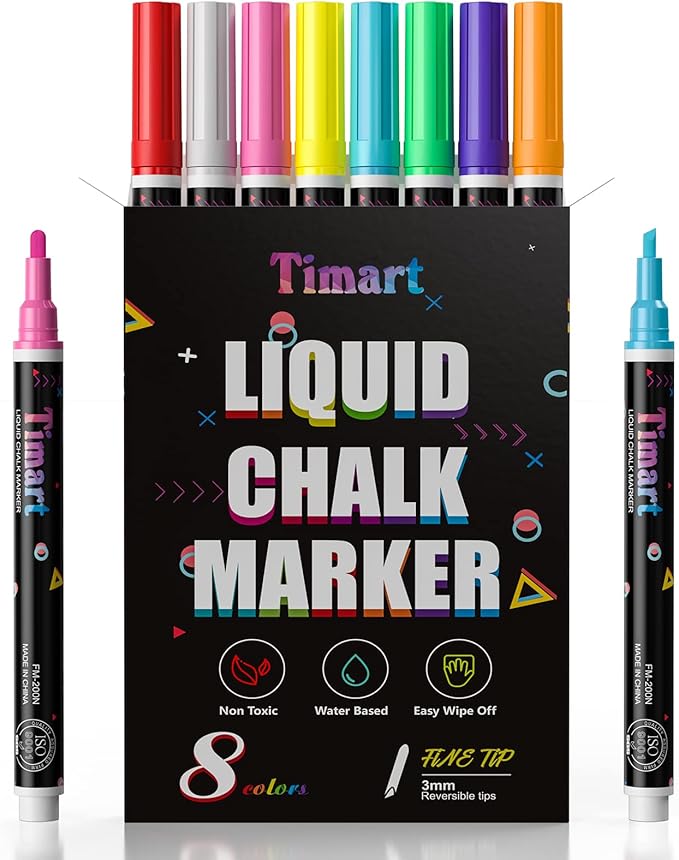 Timart Liquid Chalk Markers, 3mm Fine Tip Chalk Pens, 8 Colors Washable Window Markers for Chalkboard, Dry Erase Marker Pens for Car, Blackboard & Bistro, Non-Toxic,Wet Erase - Reversible Tip
