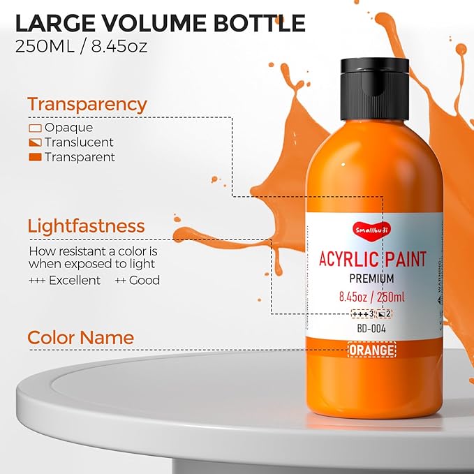 Smallbudi 25 Colors Large Acrylic Paint Set (8.45 oz, 250 ml), Bulk Acrylic Paint Non-Toxic Art Painting Supplies on Multi Surface Canvas Wood Craft Fabric Rock for Artist Beginner with Color Wheel