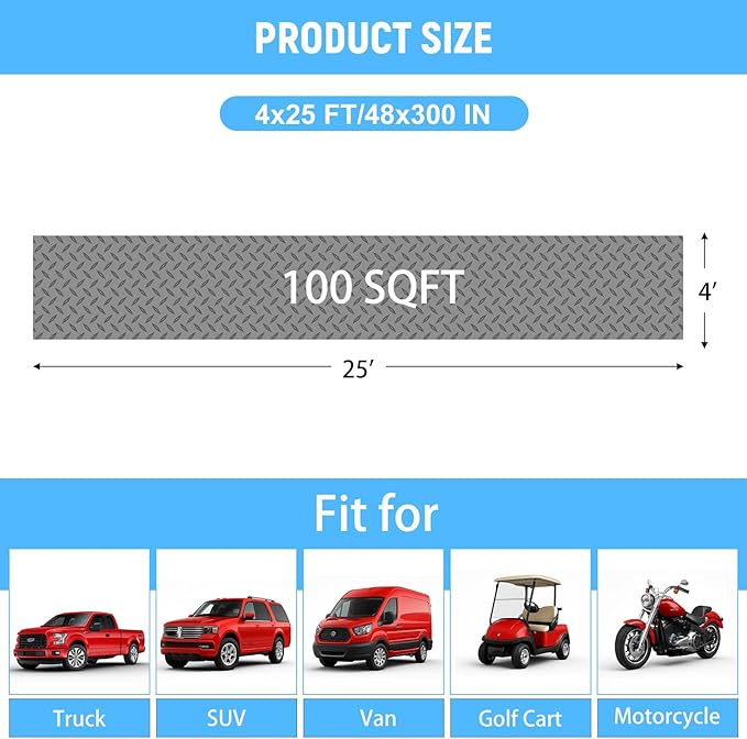 4x25 FT Garage Floor Mat, 2.8mm Thickened PVC Flooring Roll for Under Car, Golf Cart Parking Mat, Diamond Plate Gray Motorcycle Mat for Warehouse, Basement, Gyms, Trailer（Included Tapes）