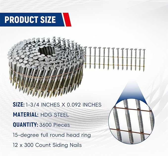 waltyotur 1-3/4Inch x 0.092Inch Collated Wire Coil Siding Nails 15-Degree Full Round-Head Ring 3600 Count Hot-Dipped Galvanized for Rough Nailing of Lathing and Sheathing Materials