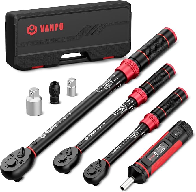 VANPO Torque Wrench Set, 1/4" 3/8" 1/2" Drive, for Bike, Motorcycle, Car | 20-240 In.lb, 5-45 Ft.lb, 10-170 Ft.lb with 3 Adapters,±3% Accuracy, Click Torque Wrenches, 72-Tooth,Dual Scale,Storage Case