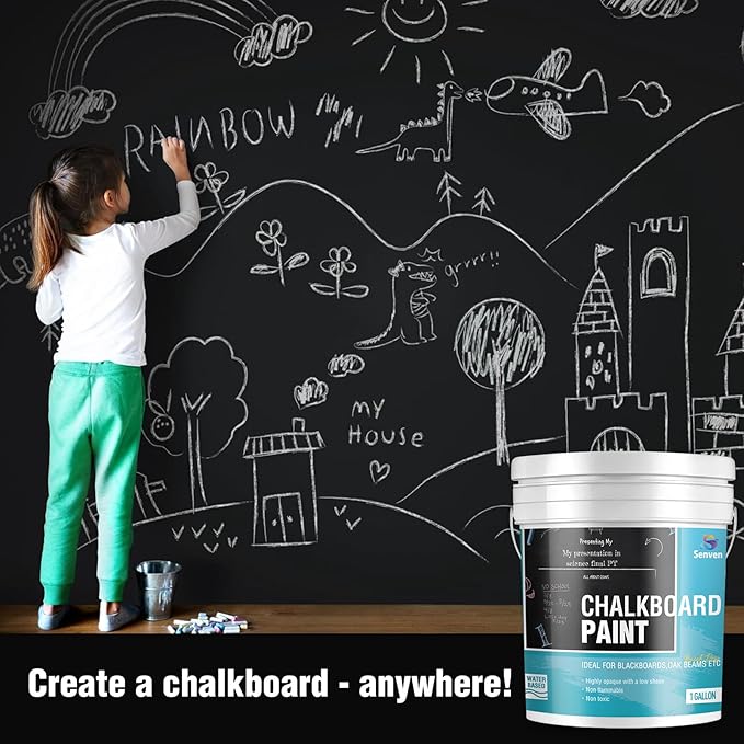 Chalkboard Paint 1 Gallon Black Chalk Board Paint for Wood, Metal, Glass, Wall, Plaster Boards Sign, Frame, Interior/Exterior, Built-in Primer & Top Coat, Black Matte, Acrylic 330 sf with Tools kits