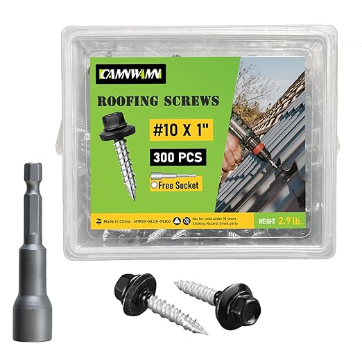 300 Pcs, #10 x 1 Inch Black Painted Hex Head Metal Roofing Screws, Sharp Point Sheet Metal Roof Screw with Rubber Washer, Self Tapping Metal to Wood Siding Screws, Hex Socket Included