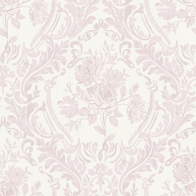Ismoon Peel and Stick Wallpaper Vintage Floral Contact Paper Boho Watercolor Pink Damask Wallpaper Textured Removable Self Adhesive Vinyl Wall Paper for Bedroom, 17.3 in X 16.4ft