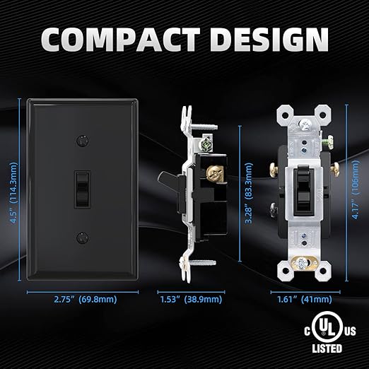 ELEGRP 3 Way Toggle Light Switch with Plate, 15 Amp, 120 V, Toggle Framed AC Quiet Switch, in Wall On/Off Switch, Self-Grounding, Residential and Commercial Grade, UL Listed (10 Pack, Glossy Black)