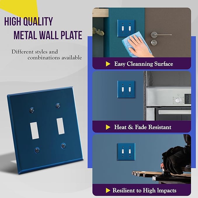 ENERLITES Toggle Light Switch Metal Wall Plate, Stainless Steel Switch Cover, Corrosion Resistant, Standard Size 2-Gang 4.50" x 4.57", Stainless Steel 201, 7712-PBL, Polished Blue