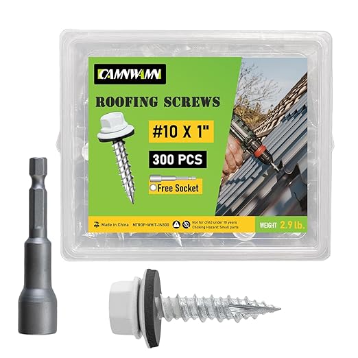 300 Pcs, #10 x 1 Inch White Painted Hex Head Metal Roofing Screws, Sharp Point Sheet Metal Roof Screw with Rubber Washer, Self Tapping Metal to Wood Siding Screws, Hex Socket Included