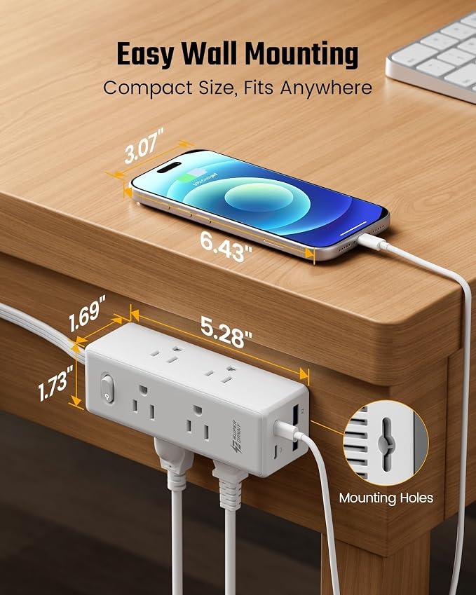 10 Ft Extension Cord with Multiple Outlets, Long Extension with 6 Outlets 4 USB Ports(2 USB C), Flat Plug Surge Protector Power Strip for Home, Office Supplies, Dorm Essentials