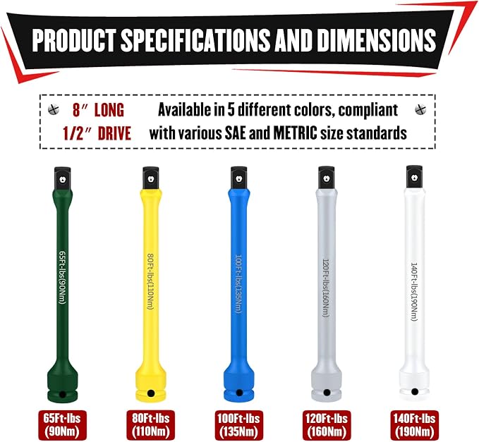 YIYITOOLS 5Pcs 1/2" Drive Torque Limiting Extension Bar Set, 8" Long Torque Sticks (65-140 Ft-lbs), Impact Socket Extensions with Storage Case, Color-Coded, for Lug Nuts, Tire Repair