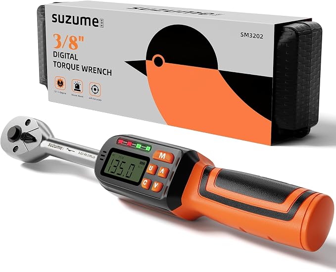Digital Torque Wrench 3/8 Drive (5.02-99.57 Ft. Lb / 6.8-135 N.m) | ±2% Accuracy,Buzzer and LED Alert,Electric Display,Peak & Track,Foot / Inch Pound,Automotive,Car, Moto,Spark Plug,Engine,Bike