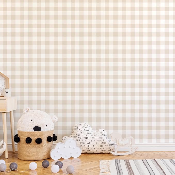 Plaid Wallpaper Peel and Stick, Beige, 17.7"x197" | Self Adhesive, Vinyl, Removable, Boho Contact Paper, Checkered Wall Paper for Bedroom, Living Room, Bathroom