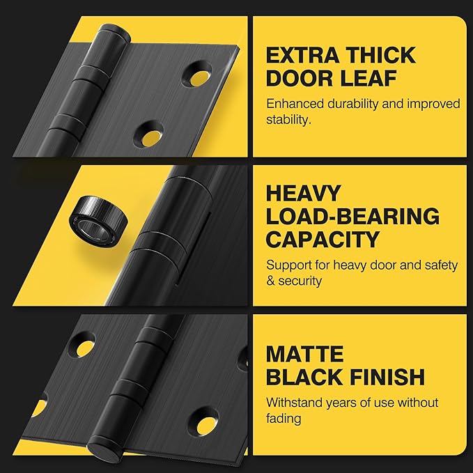 KOLET Ball Bearing Door Hinges, 4 x 4 Inches Exterior Square Door Hinges, Square Corner Heavy Duty Hinges, Commercial Grade Stainless Steel, Smooth and Non Removable Pin, Matte Black, 6 Pack