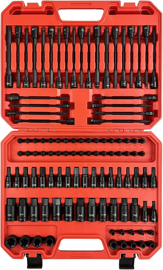 EACELIY 107PCS Bit Socket Set,1/4”,3/8 & 1/2” Drive Bit Socket Set,Torx/Extra Long/Tamper Proof/Hex/Ball End Hex,S2 Alloy Steel & CR-V,SAE&Metric