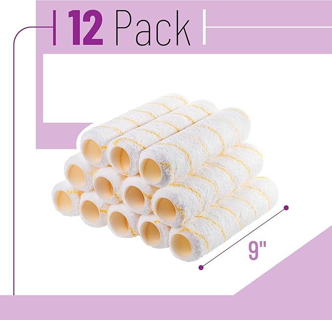 Bates- Paint Roller Covers, 9" x 3/8", 12 Pack, Yellow Stripes, Covers for Paint Rollers 9 Inch, 9 Inch Paint Roller Covers, Paint Roller Cover, Paint Roller Covers 9 Inch, Large Paint Roller Covers