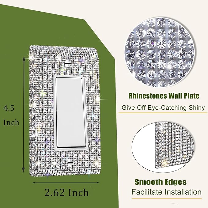 2 PC Shiny Silver Rhinestones Switch Plates And Outlet Covers Wall Plates Light Switch Cover Plate Rhinestones Decorative Outlet Switch Cover Wall Plate Outlet Cover Electric Plate Covers