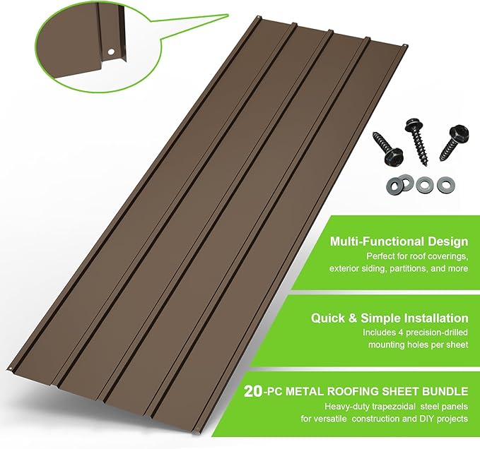 20PCS Metal Roofing Panels, Corrugated Galvanized Roof Panels, Waterproof Metal Siding Panel with 120 Pcs Steel Screws for Pergola, Gazebo, Shed, Garages, Stables and Mobile Homes -Brown