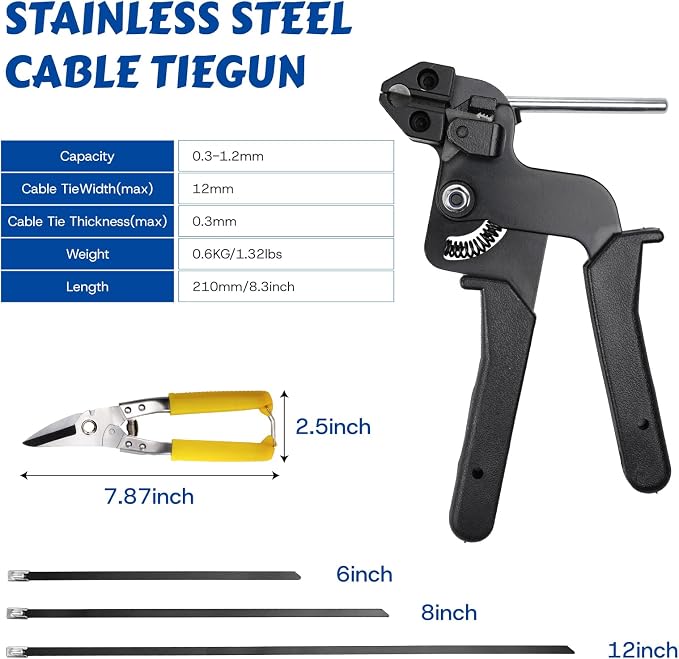 Metal Zip Ties, Stainless Steel Cable Tie Gun Set with 300pcs Metal Zip Tie Heavy Duty Outdoor Adjustable Fastening Cutting Tie Tool Sets for Chain Link Fence, Exhaust Pipe, Farms, Poultry Fence