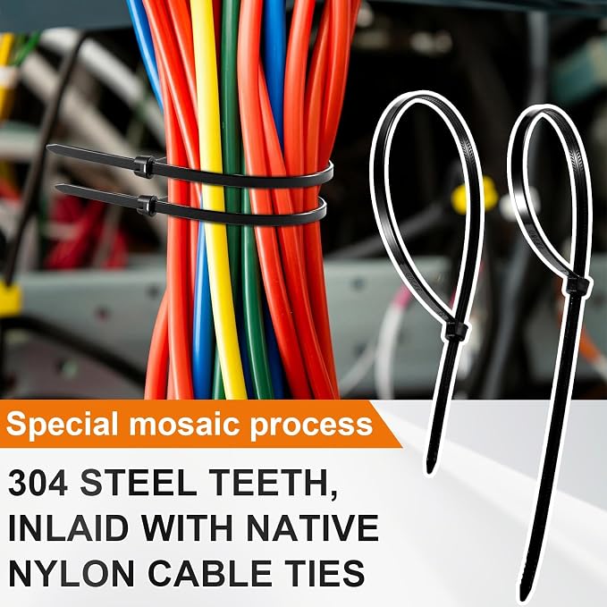 Blulu 400 Pcs 11 Inch Cable Zip Ties with Metal Tooth Stainless Steel Locking Device, 80 Lbs Tensile Strength Black Cable Ties, UV Resistant Wire Wraps Multi Purpose for Industrial Indoor Outdoor Use