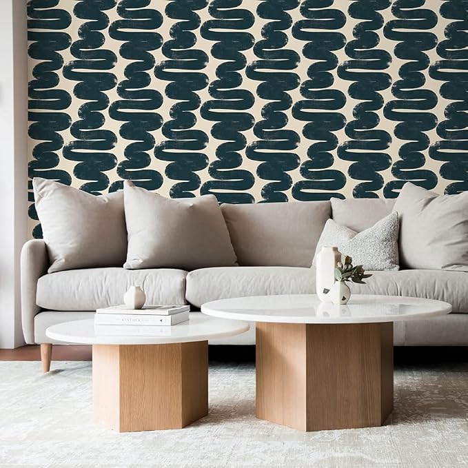 Tempaper x Bobby Berk Blue & Cream Wiggle Room Removable Peel and Stick Wallpaper, 20.5 in X 16.5 ft, Made in The USA