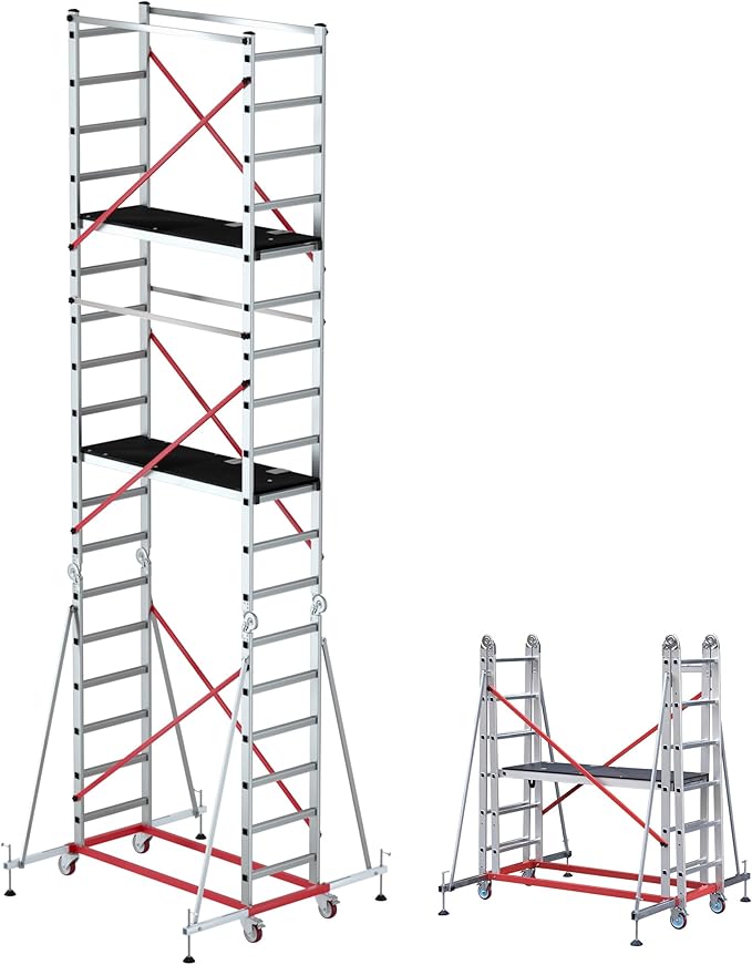 APARECIUM 18‘ Aluminum Scaffold Tower, Multipurpose Rolling Scaffolding Work Platform, Utility Scaffolding Tower, Adjustable Work Platform with Hatch Deck and Guard Rail, 500 Lbs Duty Rate