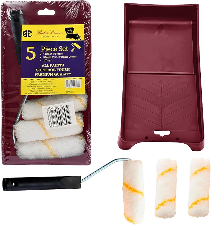 Bates Paint Tray Set - 5pcs, 4-Inch Roller Kit, Small Roller Brush