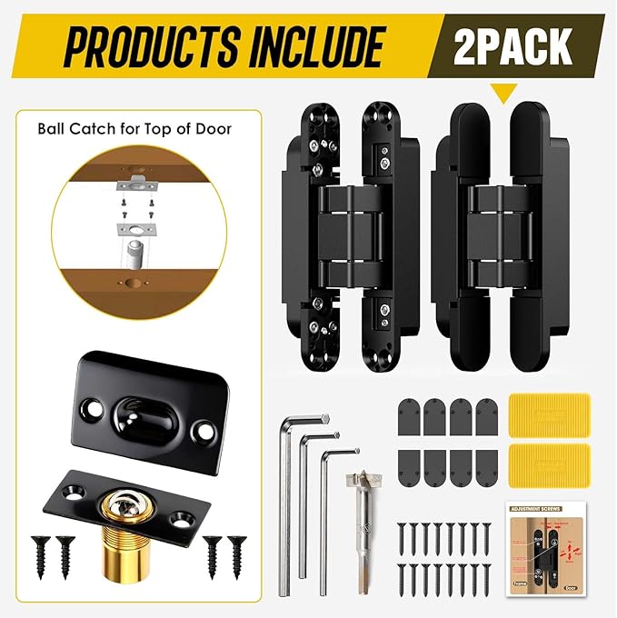 6inch Hidden Door Hinge,Concealed Hinges,Hidden Door Hardware kit,Invisible Door Silent 180 Degree Swing Hinge 3-Way Adjustable Butt 6 x 2.5 x 1inch (Black, 7 inches)