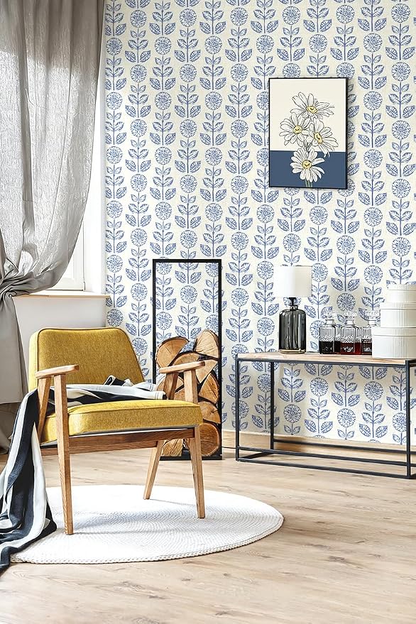 Wudnaye Blue Floral Peel and Stick Wallpaper Blue and White Contact Paper 17.7in×118in Vintage Floral Self Adhesive Wallpaper Navy Removable Tulip Wall Paper Waterproof for Bathroom Farmhouse Decor