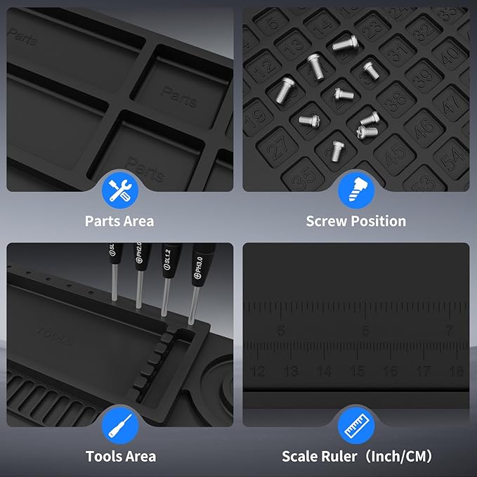 STREBITO Soldering Mat Large, Repair Mat Heat Resistant 932°F, Silicone Work Mat Magnetic Screw Mat for Soldering Iron, Electronics, PC Building, Laptop, RC, Phone, Size 21.7" x 15.8" (Black)