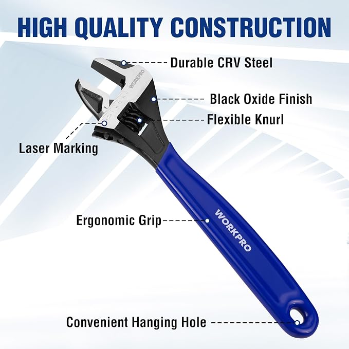 WORKPRO 4 PCS Adjustable Wrench Set, 6", 8", 10" & 12" Wide Jaw Wrenches | Cr-V Steel Wrenches with Black Oxide Finish, Metric & SAE Scales for Home, Garage and Workshop Use