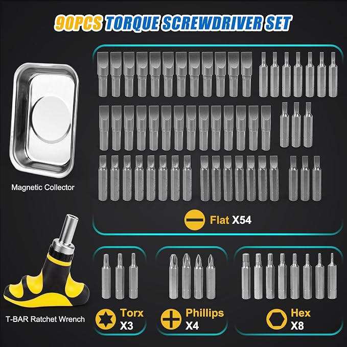90Pcs Master Torque Screwdriver Set, 10-70 IN.LB, Inch Pound Torque Screw Driver with S2 Bits, Includes Flat, Hex, Torx, and Phillips Bits, T-BAR Ratchet Wrench, All in One Torque Tool Kit