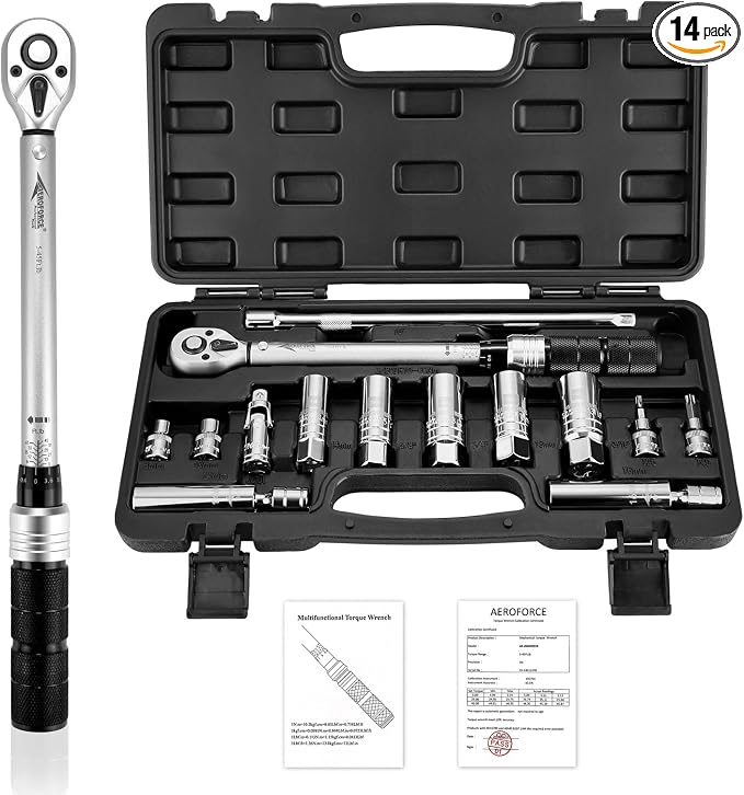 AEROFORCE 14PCS 3/8" Drive Spark Plug Socket Set – Includes 2 Magnetic Sockets (14mm, 16mm) & 5 Rubber-Grip Sockets + Torque Wrench (5-45 Lb.ft), Swivel Joint & Extension Bar – CR-V Steel