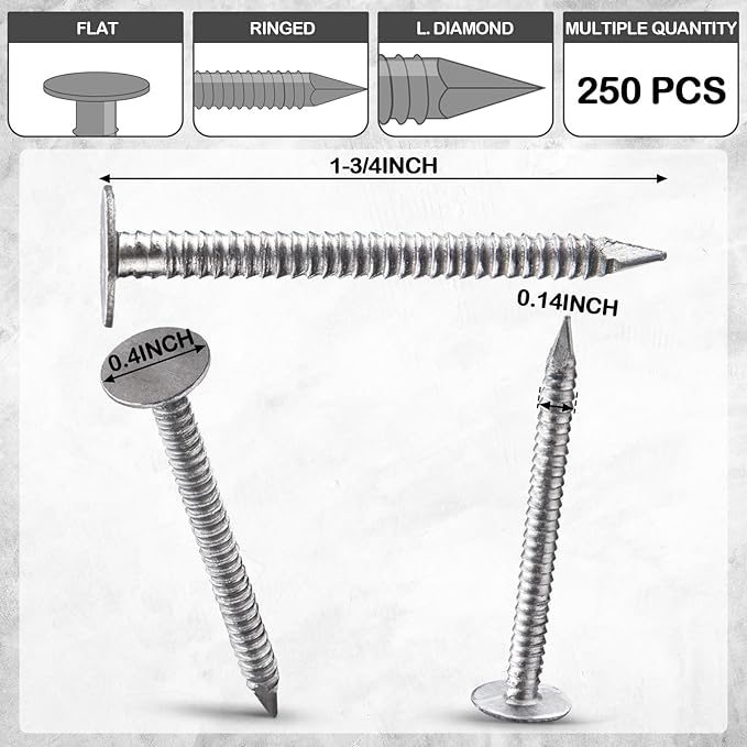 Tandefio 250 Pcs Aluminum Siding Nails 1-3/4 Inch Metal Aluminum Roofing Siding and Panel Nails to Fasten Roofing Felt Wood Decking Insulation Board