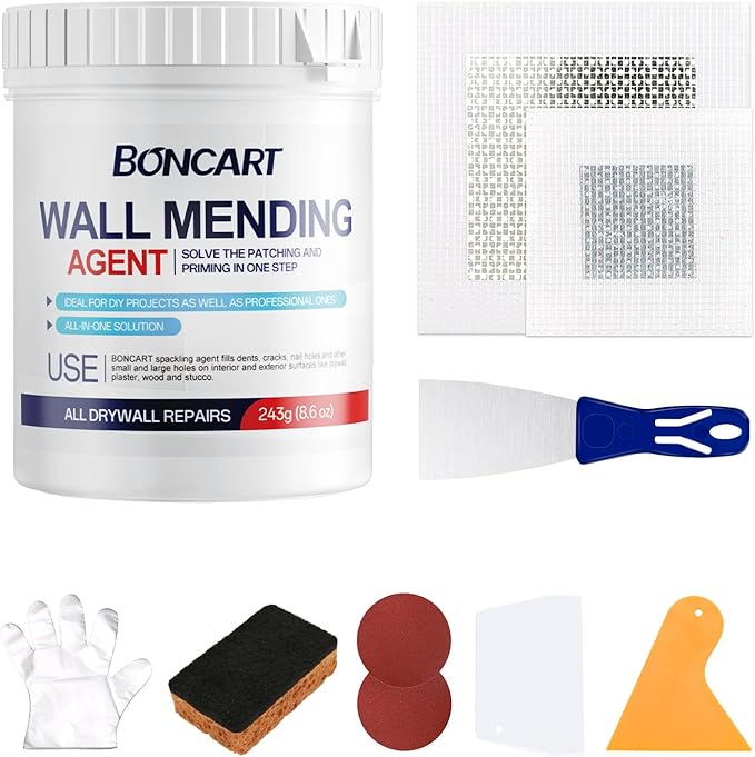 BONCART 8.6oz Drywall Patch Repair Kit - Professional All-in-1 Tool Set (Scrapers/Sandpaper/Texture Sponge/Gloves/ Aluminum Patches) for Fast Wall Hole Repair