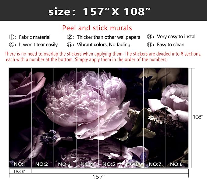 YIHWM-Peel and Stick Purple Flowers Wallpaper Dark Peony Floral Wall Mural | Tear-resistant,with a substantial feel;Will not be damaged during repositioning.Bathroom,Bedroom wallpaper.XL-157"x108"