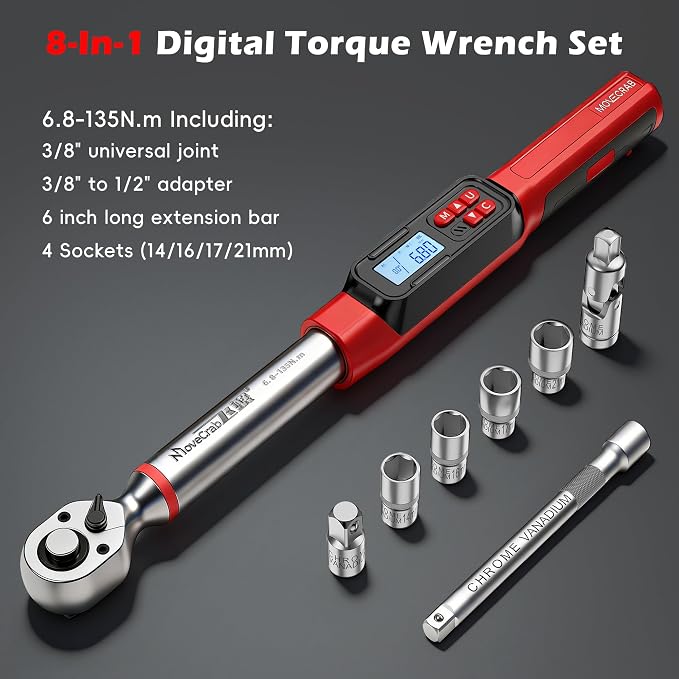 3/8" Digital Angle Torque Wrench, 5-99.6 Ft.lb, ±2% Accuracy, 8pcs | Electronic Torque Wrench with 0.1° Angle Mode, LED Display, Buzzer Alerts for Automotive, Motorcycle & Engine Repair