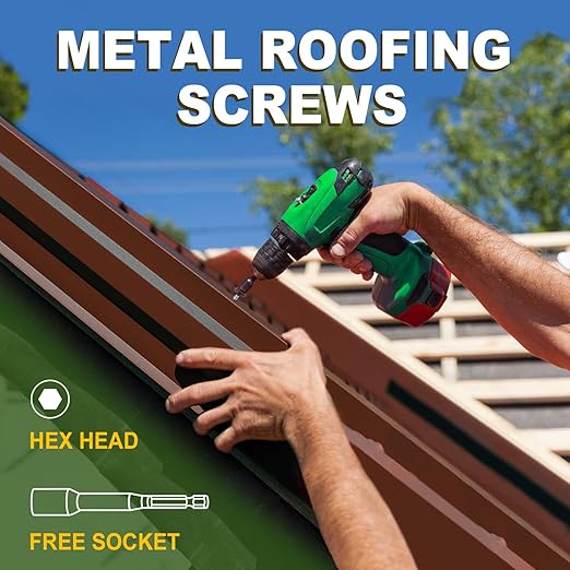 LIONMAX Metal Roofing Screws #10 × 2 Inch, 300-PCS, Brown Painted Hex Head Sheet Metal Roof Screws, Rubber Washer, Sharp Point, Metal to Wood Siding Screws, Hex Socket Included