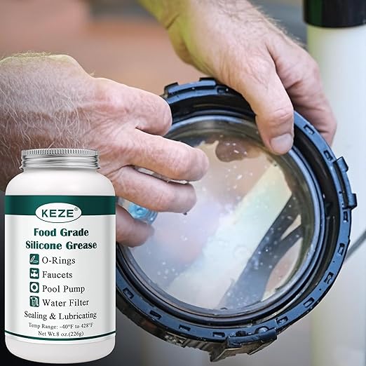 KEZE Pool Lube for O Ring Food Grade Waterproof Silicone Faucet Grease for Pool Filter Plumbing Plastic Parts Gasket Valve Rubber Seals Paste with Brush Top Can 8 OZ