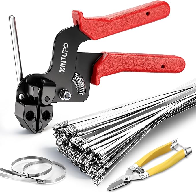 102PCS Heavy-Duty 304 Stainless Steel Cable Tie Gun Kit, Includes 100PCS 11.8 Inch Metal Zip Ties, Industrial Shears, Self-Locking, UV & Corrosion Resistant, for Fence Farm Chicken Coop Industrial Use