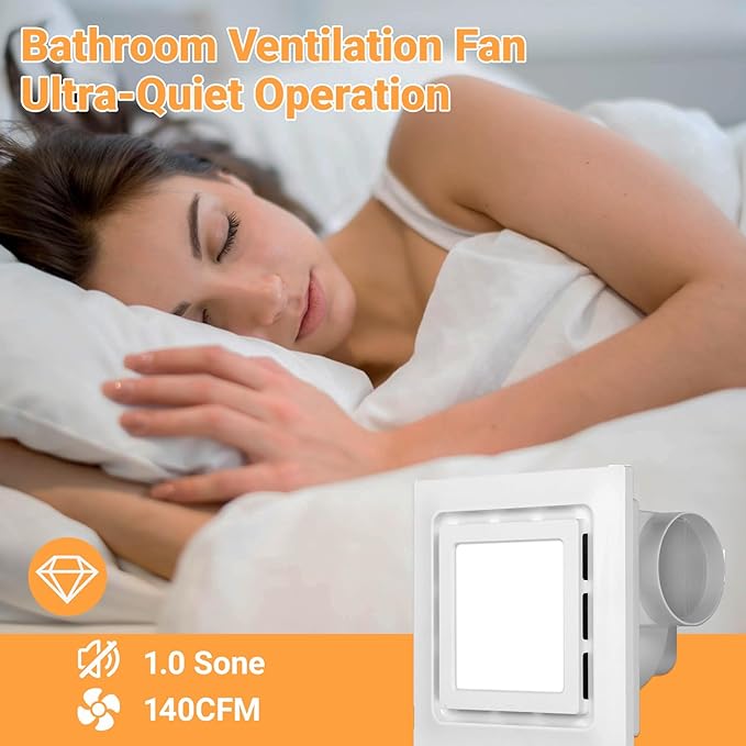 Bathroom Exhaust Fan with Light, 140 CFM Quiet Ventilation Fan with 6500K 12W LED Light 1.0 Sones Low Noise, 4" Duct Included Square Ceiling Mount Vent Fan for Bathroom Office Home (White, 12inch)