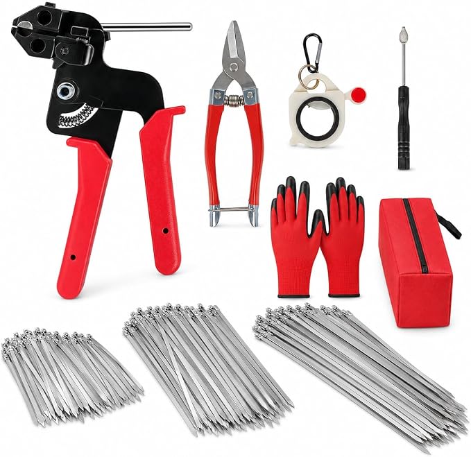 350Pcs Metal Zip Ties Gun Kit, Silver 8/12/16in Stainless Steel Zip Ties, Heavy Duty Cable Tie Fastening Cutting Tool Set with Organizer, Gloves, Storage Bag for Fence, Exhaust Wrap