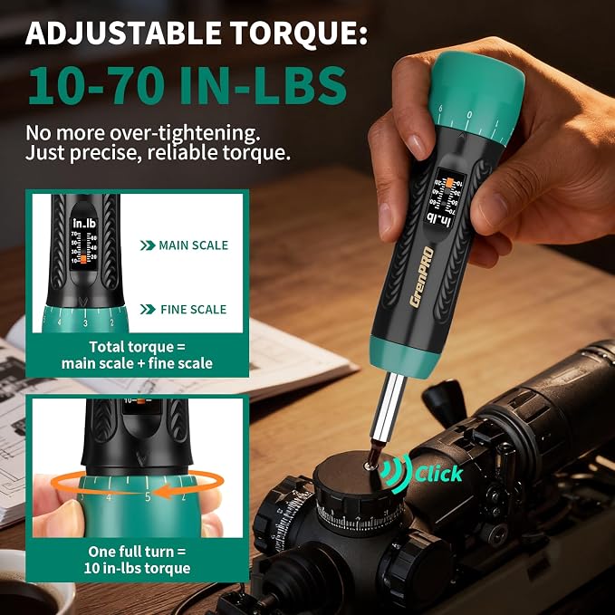 GRENPRO Scope Torque Wrench 15 Pcs Torque Screwdriver Set, 10-70 Inch Pound Torque Wrench, 1/4" Drive for Bicycle Repair, Gunsmithing, & Maintenance, Includes 12 S2 Steel Bits & 2 Tire Levers