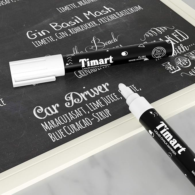 Timart 8 Pack White Chalk Markers, 6mm Liquid Chalk Markers for Chalkboards Signs, Blackboards, Windows, Glass- Reversible Tip, 24 Chalkboard Labels Included