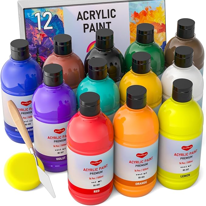 Smallbudi 12 Colors Large Acrylic Paint Set (16.9 oz,500 ml), Bulk Acrylic Paint Non-Toxic Art Painting Supplies on Multi Surface Pumpkin Canvas Wood Craft Fabric Rock for Artist Kids with Color Wheel