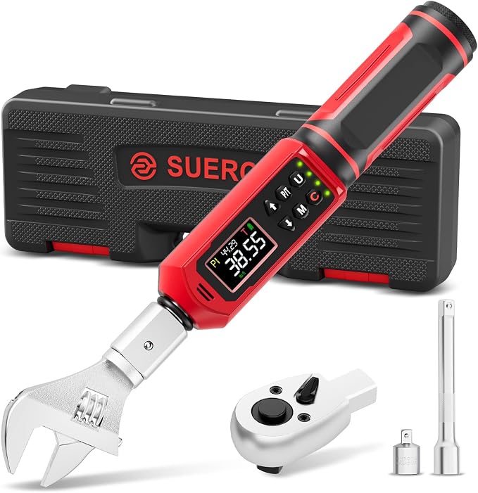 9x12 mm Adjustable Digital Torque Wrench, 0.66-44.29Ft.Lb/0.9-60N.m | Interchangeable Open End Head 42mm Jaw & 3/8" Ratchet, Vibration/Buzzer/LED Alert, for Split AC, HVAC, Bike & Moto Repair
