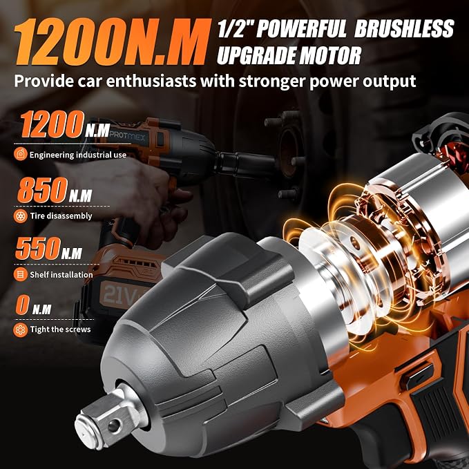 Cordless Impact Wrench, 900Ft-lbs (1200N.m) 1/2" Brushless Impact Gun, 21V High Torque Power Impact Driver, 2x4.0Ah Batteries Electric Impact Motor Variable Speeds for Car/Pickup Truck/Mower