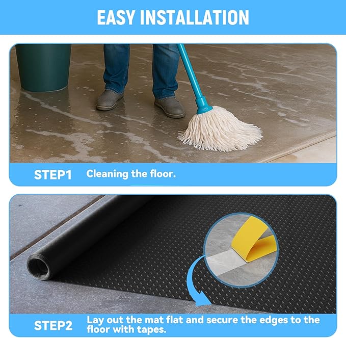 5x10 FT Garage Floor Mat, 2.8mm Thickened PVC Flooring Roll for Under Car, Golf Cart Parking Mat, Diamond Plate Black Motorcycle Mat for Warehouse, Basement, Gyms, Trailer（Included Tapes）