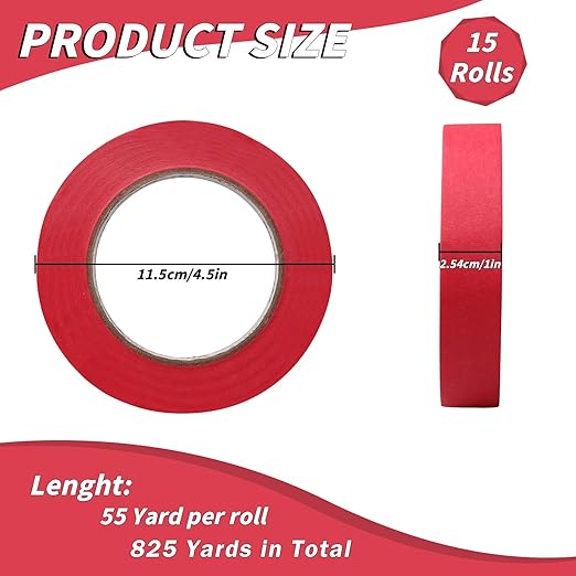 Oleitodh 15 Rolls Red Painters Tape Bulk 1 inch x 825 Yards, Painters Masking Tape No Residue Wall Painting Tape Artist Tape Trim Edge Finishing Tape for Wall Painting Decoration DIY Supplies