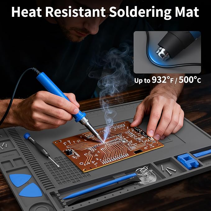 STREBITO Soldering Mat Electronics Repair Mat, Solder Pad Heat Resistant 932°F, Magnetic Work Mat Silicone Pad for Soldering, Computer, Laptop, Cell Phone, RC, Watch, Gun, Size 17.7" x 11.8" (Grey)