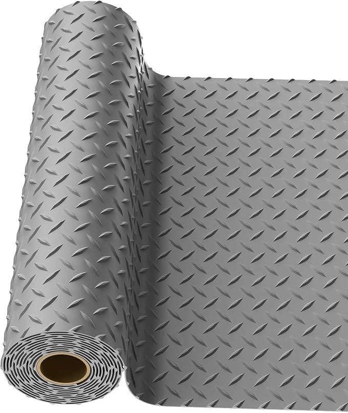 4x10 FT Garage Floor Mat, 2.8mm Thickened PVC Flooring Roll for Under Car, Golf Cart Parking Mat, Diamond Plate Gray Motorcycle Mat for Warehouse, Basement, Gyms, Trailer（Included Tapes）