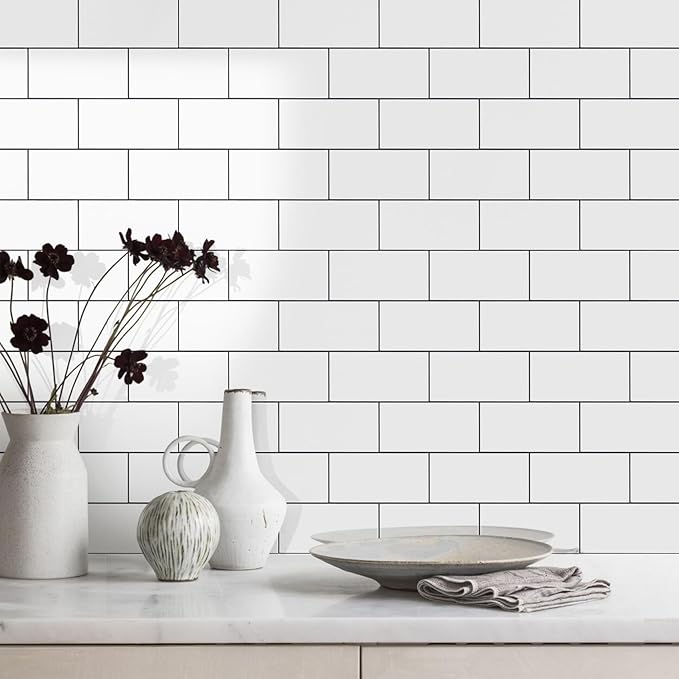 Vamos Tile Peel and Stick Backsplash Tile, 3''x6'' PVC Subway Tile, Stick on Backsplash for Kitchen/Bathroom/Fireplace,4-Piece Glossy Pure White with Dark Gray Grout